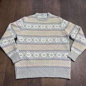 Vtg Meister Wool Ski Lodge Sweater Mens Large Crew Neck Blue & Tan Fair Isle USA